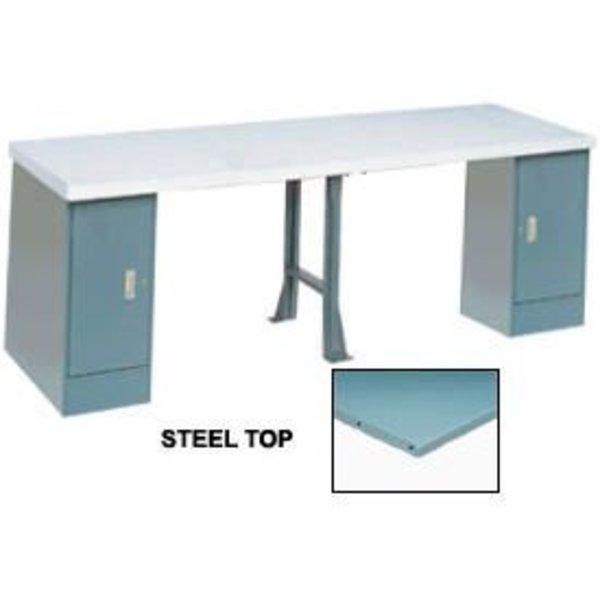 Global Equipment 96 x 30 Production Workbench - Steel Square Edge Top, 2 Cabinet, 1 Leg, Gray 608016